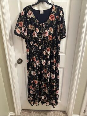 Siren Lily Black Floral Midi Dress with Pink and Peach Blooms